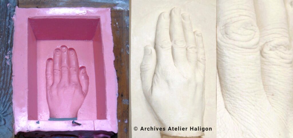 Fabrication de l'atelier Haligon - Moule silicone, épreuve en résine reflétant le détail de l'épiderme